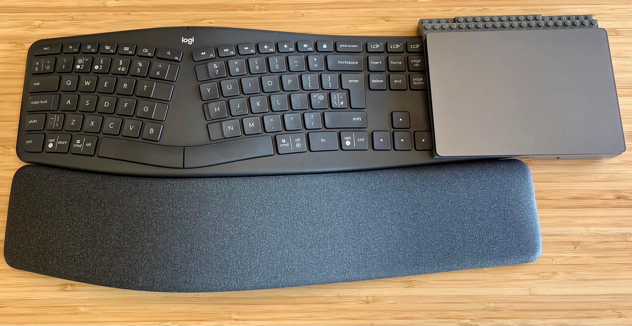 Logitech ERGO K860 keyboard review with a custom-made LEGO stand for Apple Trackpad